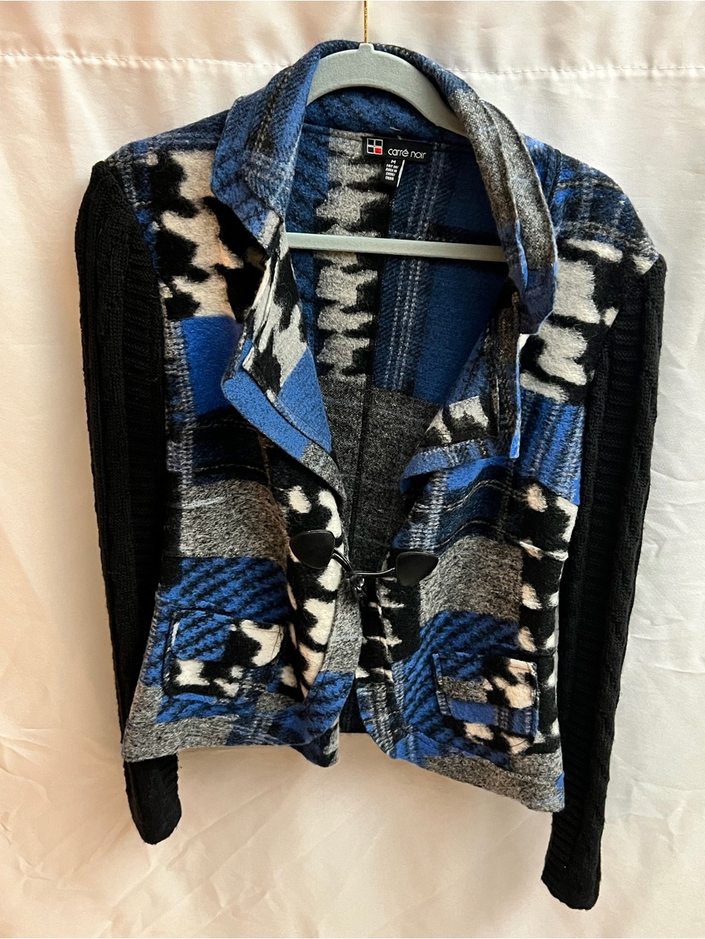 Carré Noir Women’s M Blue Black Patchwork Plaid Knit Jacket Cardigan